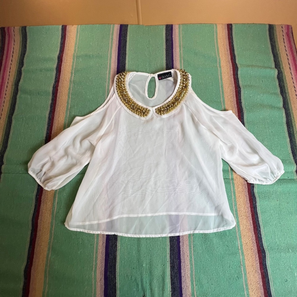 BodyC Blouse Womens Medium White Gold Studded Cold Shoulder Chiffon Top USA